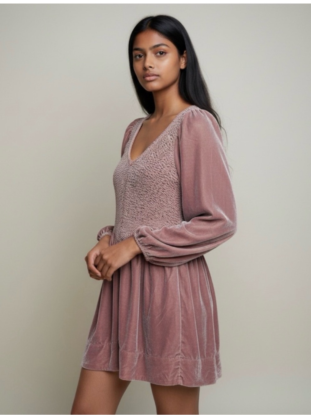 Free People Ferrier Dress Dusty Rose Smocked V-Neck Velvet Mini Dress